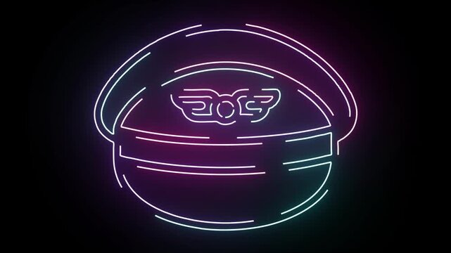 Neon Pilot Hat Icon Animated Graphic Featuring A Glowing Linear Style Outline With Electric Blue And Pink Light Effects On A Deep Black Background