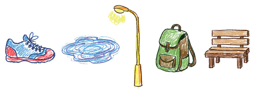 Outdoor objects icons set. Everyday items and street furniture concept. Includes sneaker, puddle, street lamp, backpack, park bench. Hand-drawn doodle style