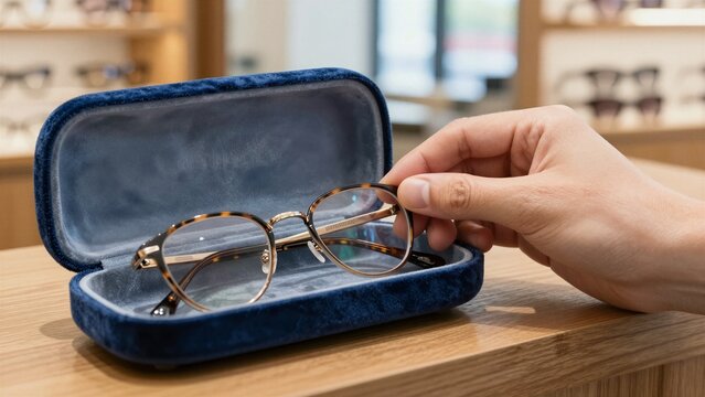 A hand carefully places stylish tortoiseshell-framed glasses into a luxurious blue velvet case on a wooden counter in an eyewear shop.