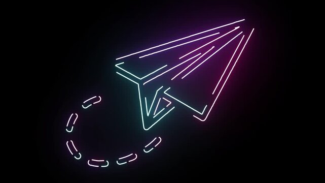 Neon Paper Airplane Animation Flying With A Glowing Dotted Trail In Vibrant Pink And Blue Light Against A Dark Background For Digital Tech Graphic