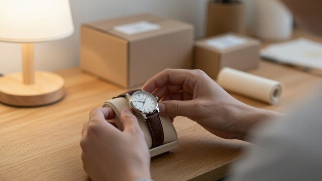 A person carefully places a premium watch with a brown leather band onto a soft, beige display cushion. The scene is warm and minimalist, highlighting craftsmanship.
