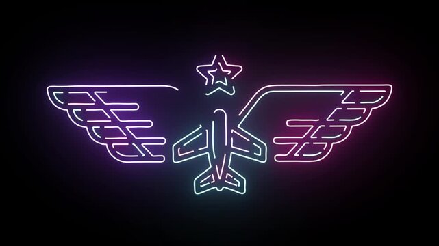 Vibrant Neon Airplane Emblem Glowing Against A Dark Background Featuring A Stylized Star Icon And Symmetrical Wings Animation In Electric Purple Hues