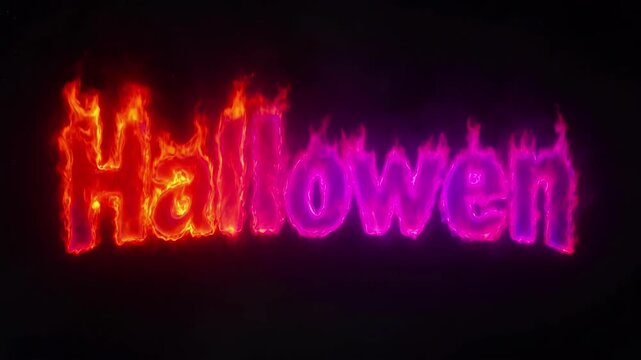 Halloween text written in vibrant fire flames with a dark background