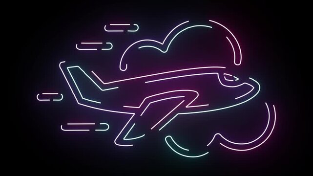 Neon Airplane Animation Flying Through Cloud Shapes Featuring Vibrant Glowing Light Effects In A Dark Digital Style Minimalist Graphic Motion Design