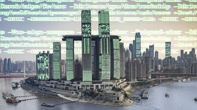 chongqing cyberpunk city with overlayed code and data on the buildings
