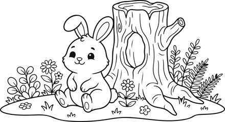 Naklejka premium Cute cartoon rabbit sitting near a tree stump