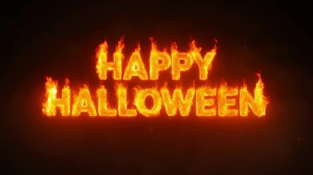 Happy halloween text written in burning fire flames on a dark black background