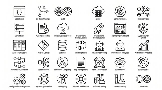 A premium collection of 30 DevOps, software development, cloud infrastructure, and CI/CD line icons arranged in a clean, organized grid on a white background. The icon set features a modern minimalist