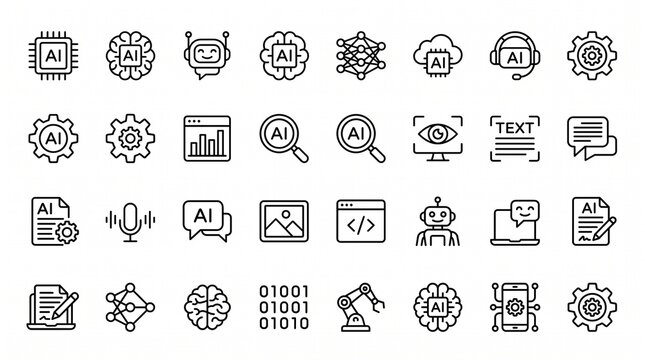 A premium collection of 30 artificial intelligence (AI) tools and machine learning line icons displayed in a clean, organized grid on a white background. The icon set is designed with thin black outli