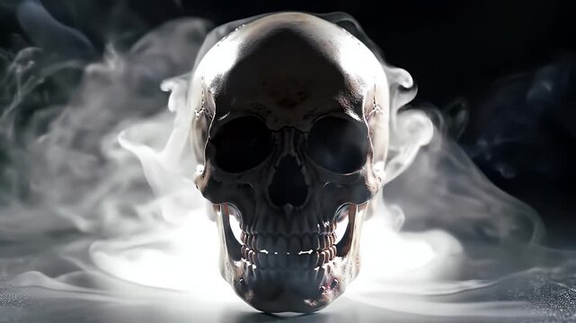 A realistic skull emerging from swirling white smoke against a dark background.