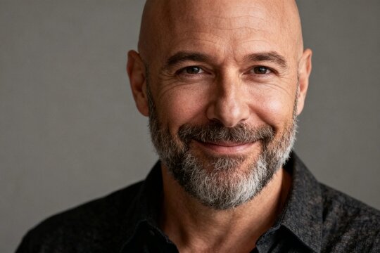 Close-up of a smiling bald man with beard