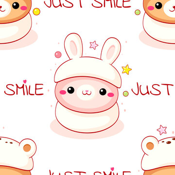 Vector seamless pattern with cute animal-shaped mantou buns. Cute oriental dessert in kawaii style. Tiling  pattern in cutecore theme. Endless texture can be used for pattern fills, fabric design