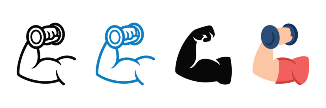 Bicep muscle arm holding dumbbell icons, fitness and bodybuilding strength symbols, 4 vector gym workout elements for health and weightlifting apps