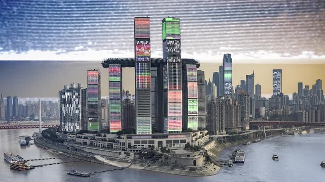 chongqing cyberpunk city with overlayed code and data on the buildings