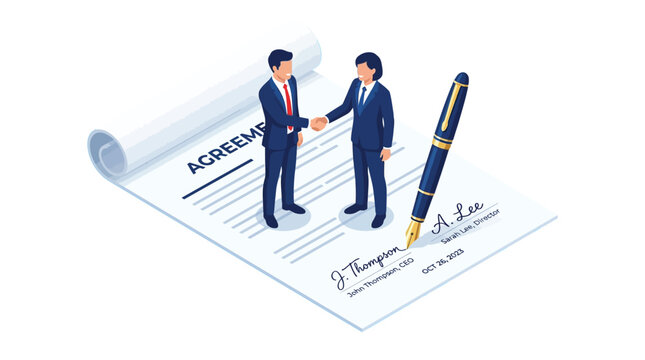 Professional business partners shaking hands after signing a legal agreement in this flat isometric vector illustration