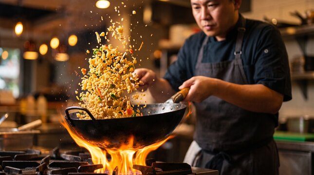 Chef Tossing Fried Rice in Flaming Wok