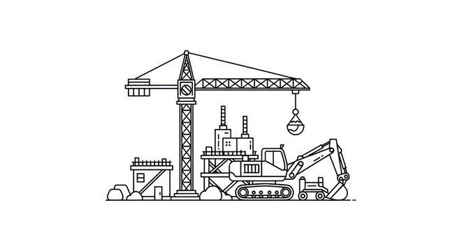 Industrial construction site outline with crane and backhoe