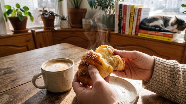Person Enjoying Warm Salt Bread and Coffee