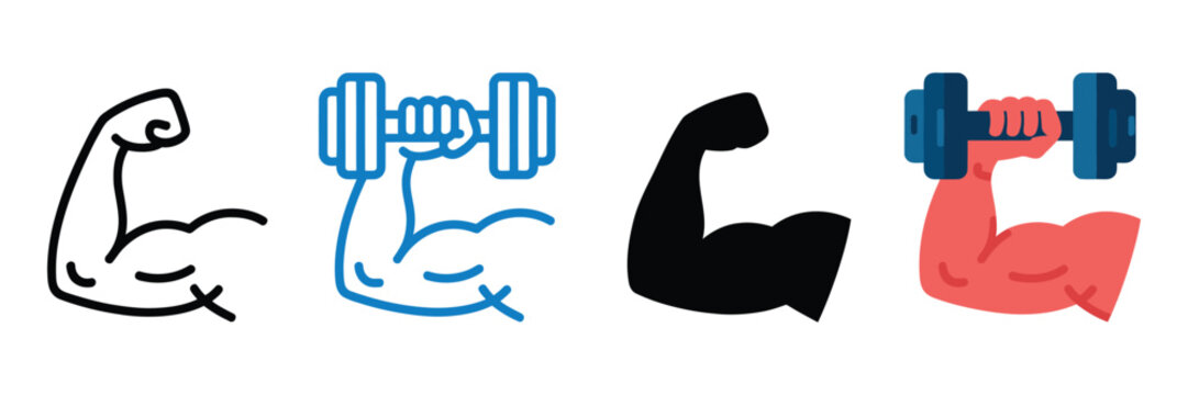 Strong muscular arm icons with dumbbell, fitness bicep flexing vector set, bodybuilding and weightlifting symbols for gym branding