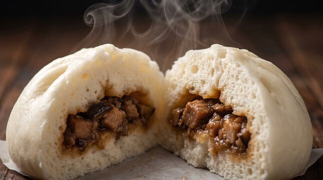 Macro Close-up of Steaming Fluffy Meat Bun