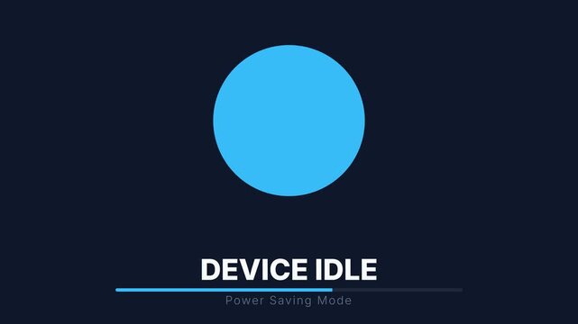 Dynamic animated digital interface displaying 'DEVICE IDLE' and 'Power Saving Mode' text with a vibrant blue circle and a filling progress bar on a dark background, symbolizing system standby