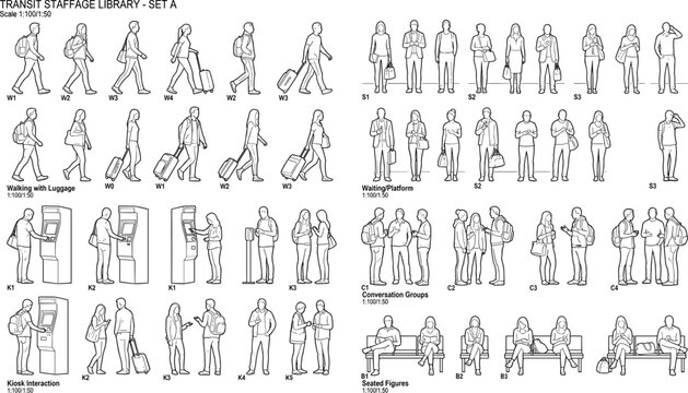 Transit staffage vector library set showing walking travelers, waiting passengers, and seating groups in outline