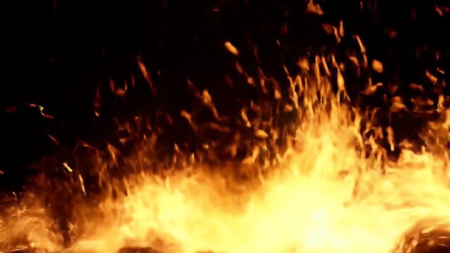 Abstract close-up of a vibrant fire with glowing embers against a dark background.