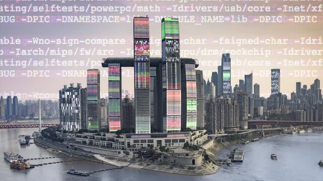 chongqing cyberpunk city with overlayed code and data on the buildings