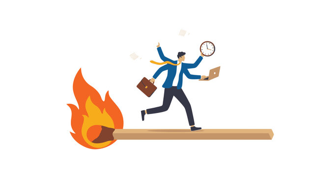 Professional businessman multitasking while running fast across a burning matchstick in this flat vector graphic illustration