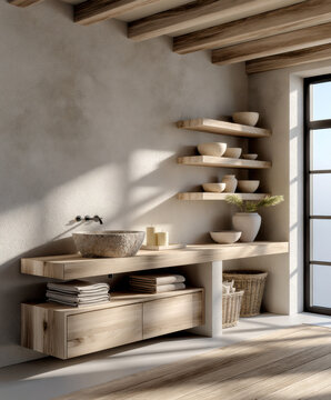 Modern bathroom interior with wooden shelves, stone sink, natural light, minimalist decor, and organic textures create calm, serene atmosphere