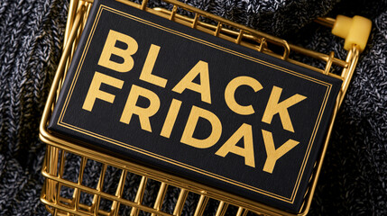 Obraz premium Black Friday sale concept with gold shopping cart and luxury gift box on knit background