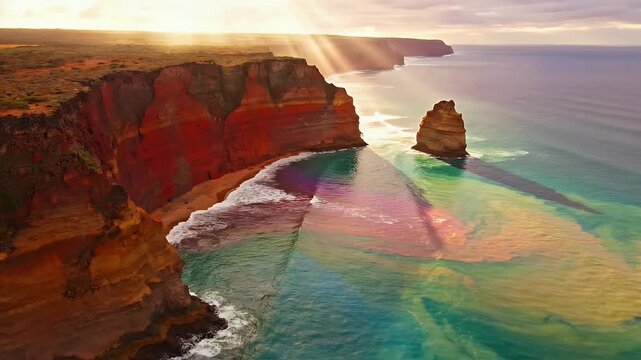 Dramatic coastal cliffs meet colorful ocean waters under golden sunlight.
