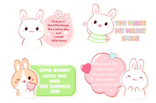Kawaii bunny sticker set with positive quotes. Cute Rabbit Planner Sticker, Cutecore Digital Journaling Clipart. Vector collection for scrapbooking and planner, pink sweet aesthetic label, tag, badge