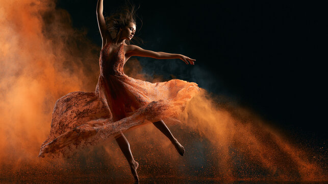 Graceful dancer leaping through orange powder in flowing dress capturing movement and energy