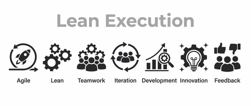 Lean execution icons set. Agile development and business management vector symbols.