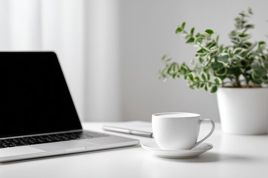 Minimalist Workspace with Laptop and Coffee Cup on White Desk, Modern Home Office, Clean Desk Setup,