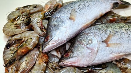 Obraz premium Fresh raw fish and shrimps, seafood background, raw food ingredient for cooking.