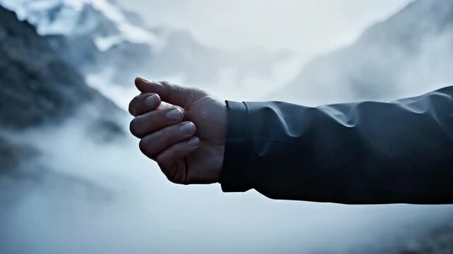 Human hand reaching through thick dark fog.