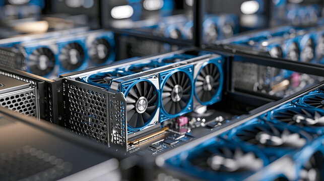 High-performance GPU mining rig with multiple graphics cards in a cryptocurrency mining farm
