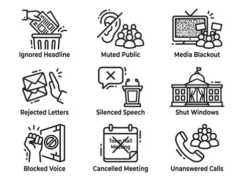 Media Blackout and Silenced Speech Icon Set with Ignored Headline and Blocked Voice&mdash;Ideal for Public Suppression Design
