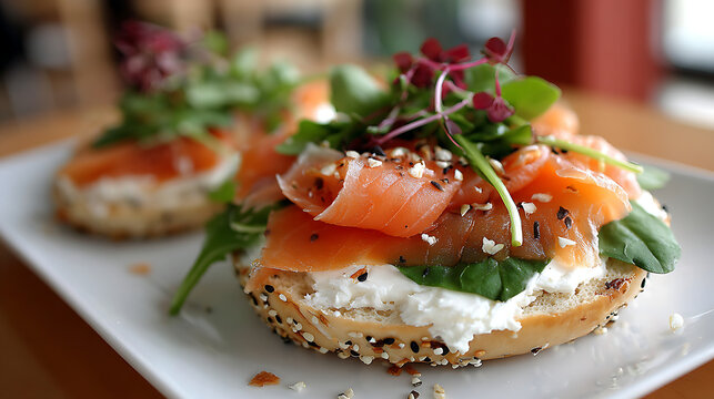 Bagel topped with cream cheese and lox, styled for New York-inspired breakfast menus, brunch caf&eacute;s, and classic deli food promotions.