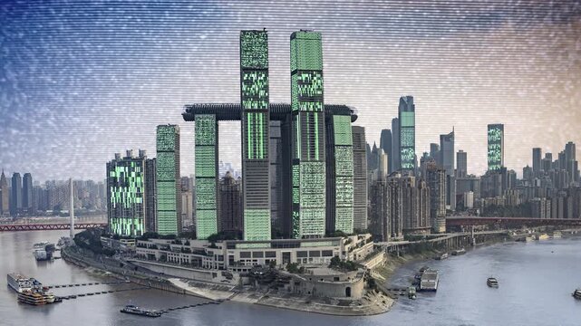 chongqing cyberpunk city with overlayed code and data on the buildings