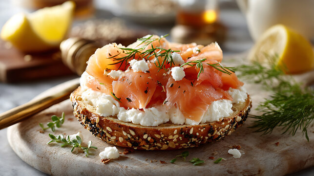 Bagel topped with cream cheese and lox, styled for New York-inspired breakfast menus, brunch caf&eacute;s, and classic deli food promotions.