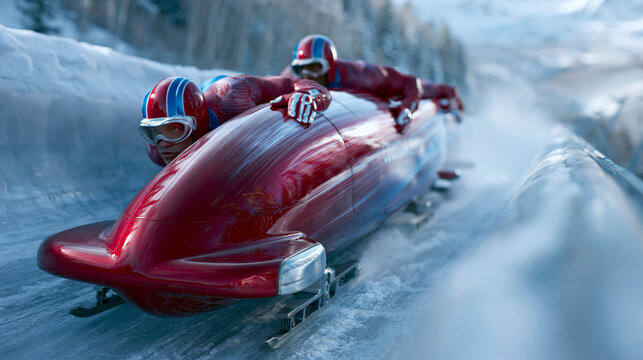 Two-person bobsled team racing down an icy winter track at high speed