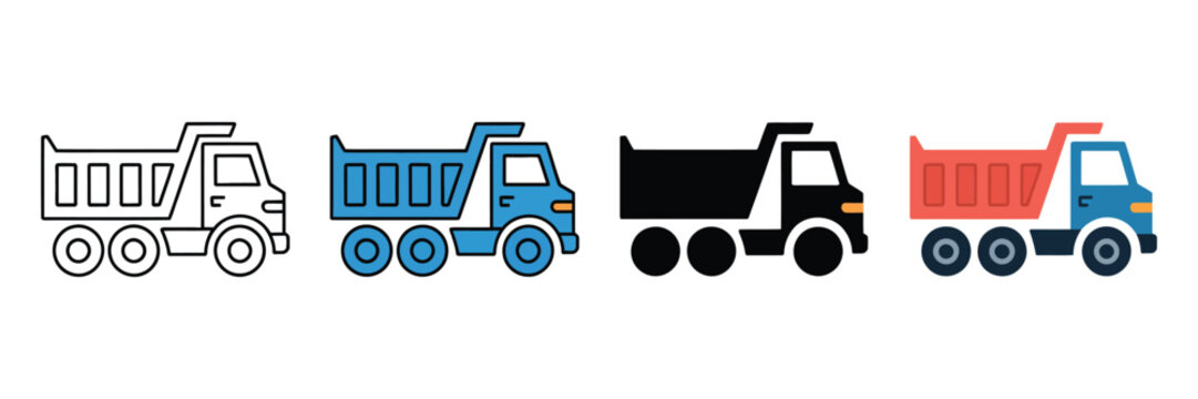 Dump truck icon set in four styles, construction vehicle vector illustrations, heavy machinery tipper truck symbols for logistics and industry