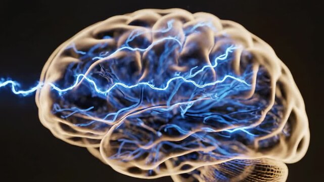 Human brain model with blue electrical energy pulse