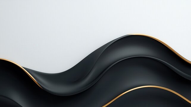 Luxurious flowing abstract wave of black glossy fabric intertwining textured silk with golden