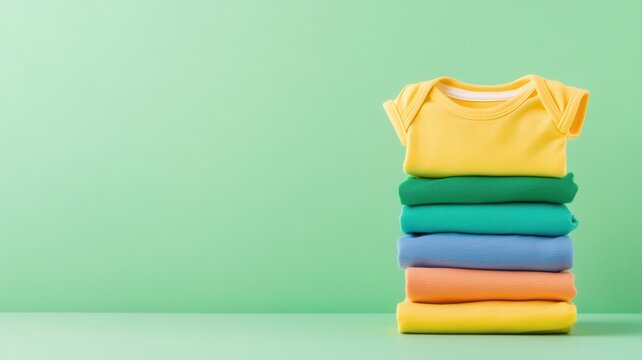 Stack of neatly folded colorful knitwear creating a vibrant gradient winter sweaters with warm