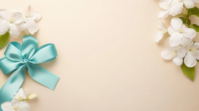 White flowers and elegant teal satin ribbon bow framing a soft cream background and femininity for celebrations