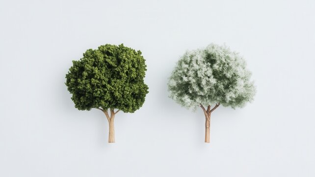 Two distinct trees with different foliage standing on a shared root system and contrast illustrating balance